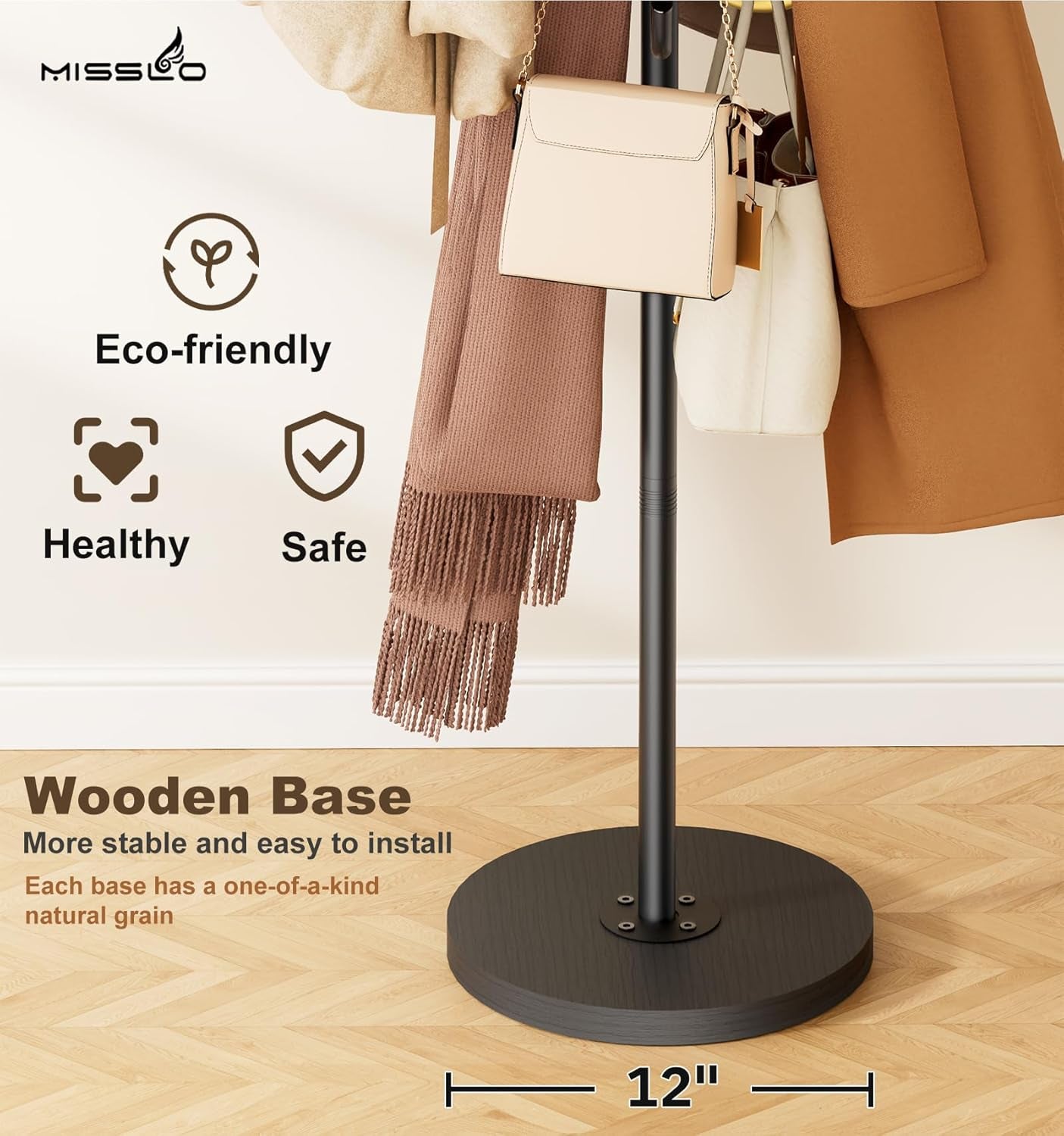 Heavy Duty Coat Rack Freestanding with Stable Wood Base Modern Black Coat Tree with 12 Hooks Adjustable Coats Hanger Stand Stylish Standing Clothes Tree for Entryway Bedroom Corner Hall