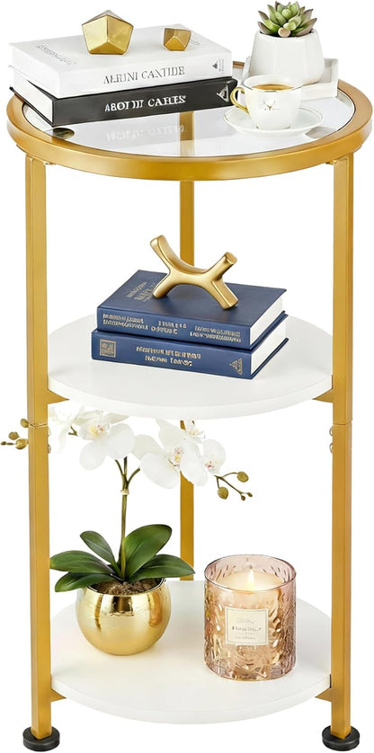 Glass Side Table, Tempered Glass Small round Side Table with 3-Tier Storage Shelves for Small Spaces, Modern Glass round End Table for Living Room, Bedside Table Nightstand for Bedroom (White)