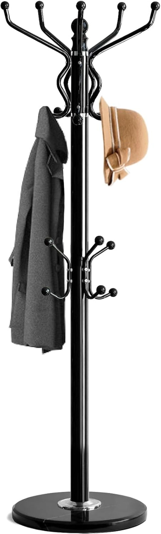 Freestanding Coat Rack with 18 Hooks & Marble Base - Heavy Duty Metal Hall Tree Stand for Entryway, Hats, Coats, Bags Rack- Modern Hanger Organizer for Home, Office, Dorm (18 Hooks -Black)