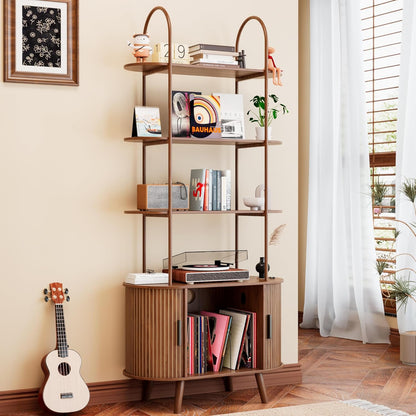 Tall Vinyl Record Player Stand, 4 Tier Arched Bookshelf with Sliding Doors, Retro Small Record Storage Cabinet, Fluted Media Display Shelf, Mid Century Modern Turntable Stand for Living Room, Walnut