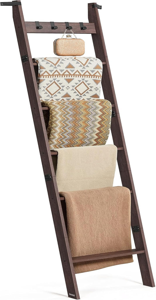 Blanket Ladder Shelf, 6-Tier Ladder Rack for Storage and Decor with 4 Removable Hooks, Decorative Farmhouse for the Living Room, Maroon Brown ULLS038K01