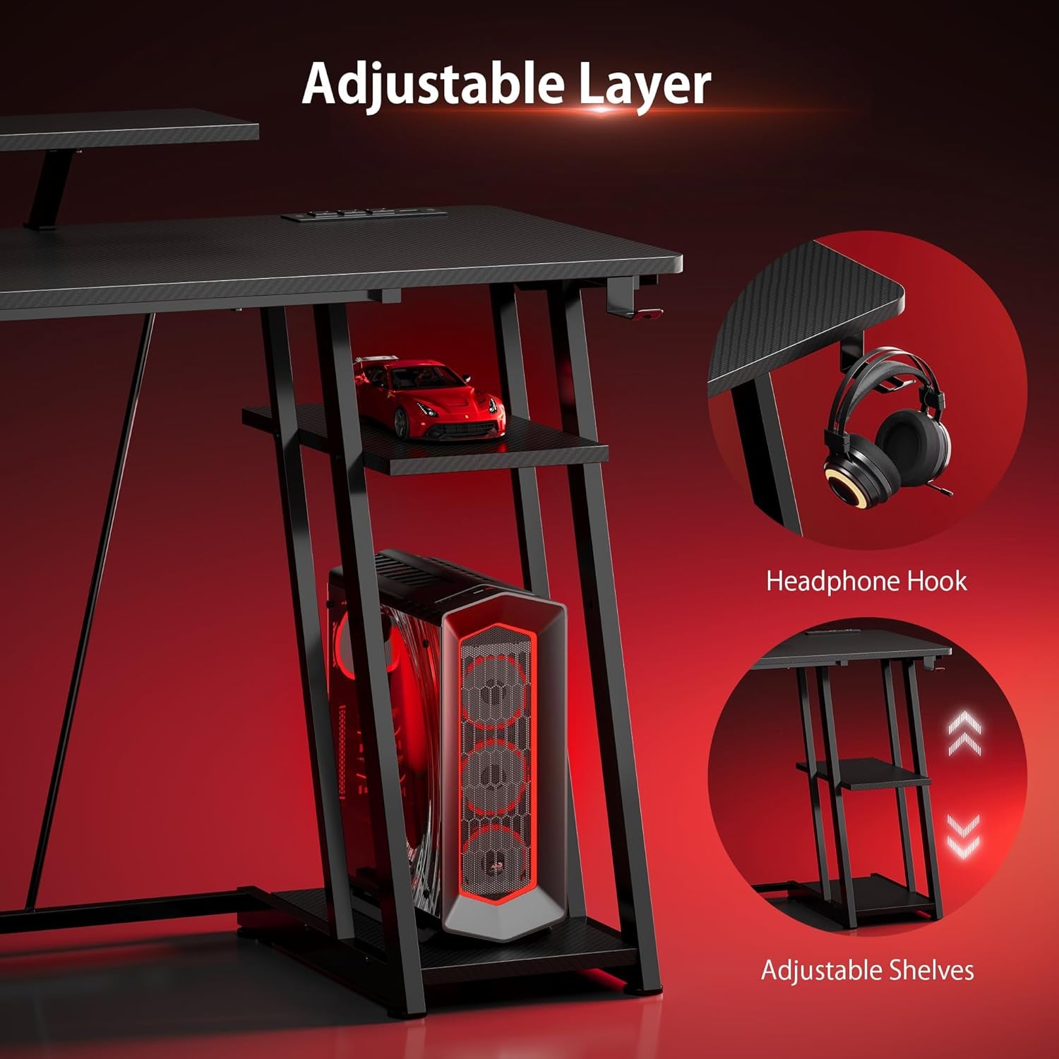 47-Inch Gaming Desk with LED Lights & Power Outlets|Carbon Fiber Gaming Table with Monitor Stand & Adjustable Storage Shelves|Rgb Ergonomic Gamer Desk, Esports & Streaming, Black