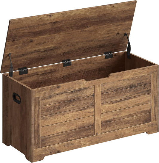 Storage Chest, Storage Bench with 2 Safety Hinges, Farmhouse Style, 15.7 X 39.4 X 18.1 Inches, for Entryway, Bedroom, Living Room, Honey Brown ULSB061K01