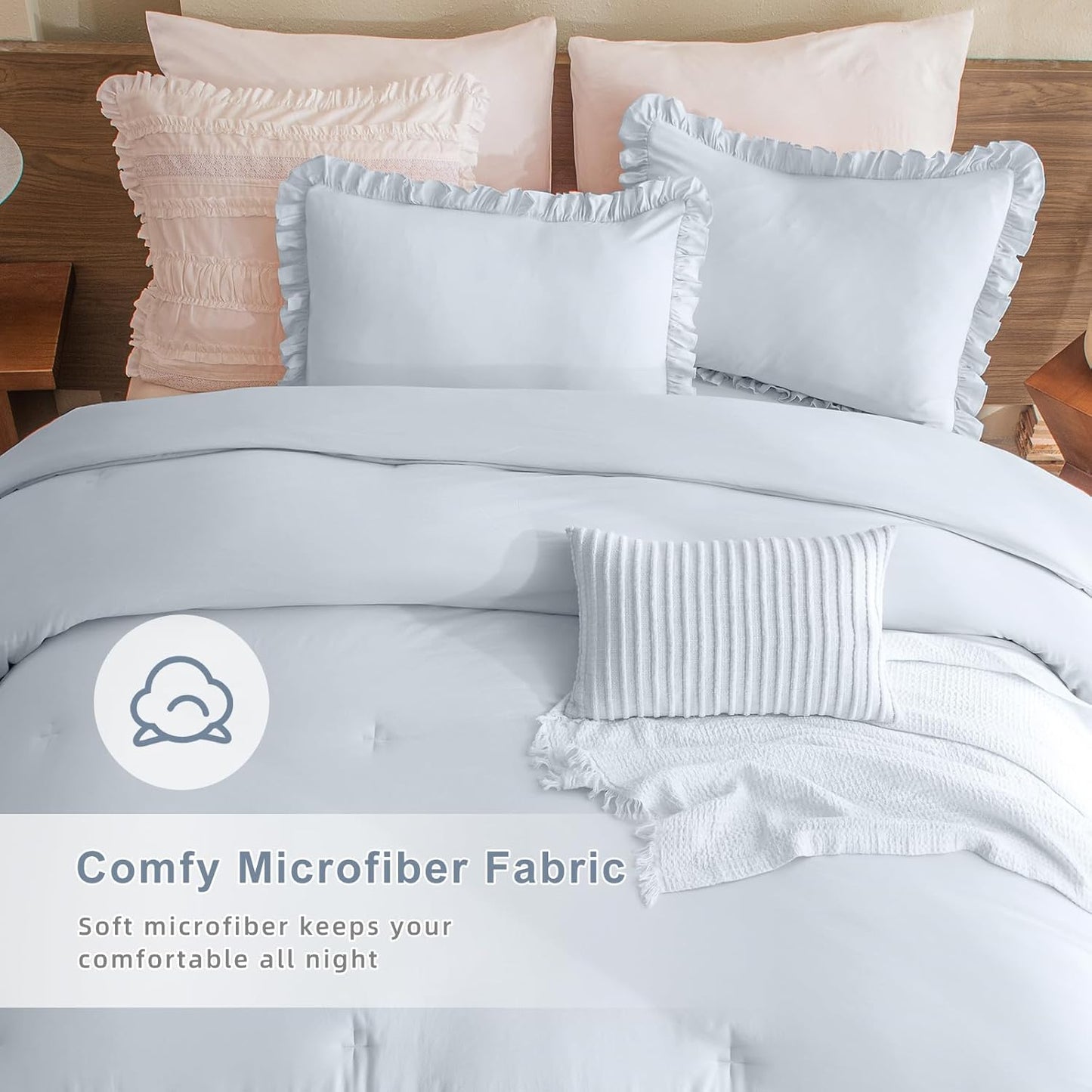 Light Blue Ruffle Pillow Shams King Size,2 Pack 20"X36" Pillow Sham,Shabby Boho Chic Farmhouse Bed Pillow Covers King Ultra Soft and Luxury Microfiber Vintage Pillowcases Set