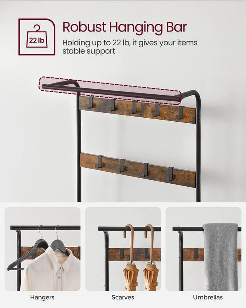 Coat Rack, Hall Tree with Shoe Bench for Entryway, Entryway Bench with Coat Rack, 4-In-1, with 9 Removable Hooks, a Hanging Rod, 13.3 X 33.1 X 72.1 Inches, Rustic Brown and Black UHSR400B01