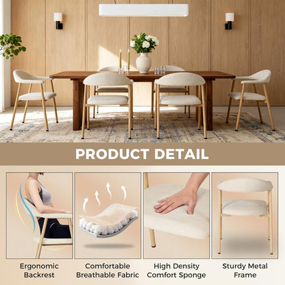 Dining Chairs Set of 2, Linen Fabric Upholstered Kitchen Side Chairs with Curved Backrest & Metal Legs, Modern Farmhouse Accent Chairs for Dining Room Kitchen Living Room Cafe, Beige