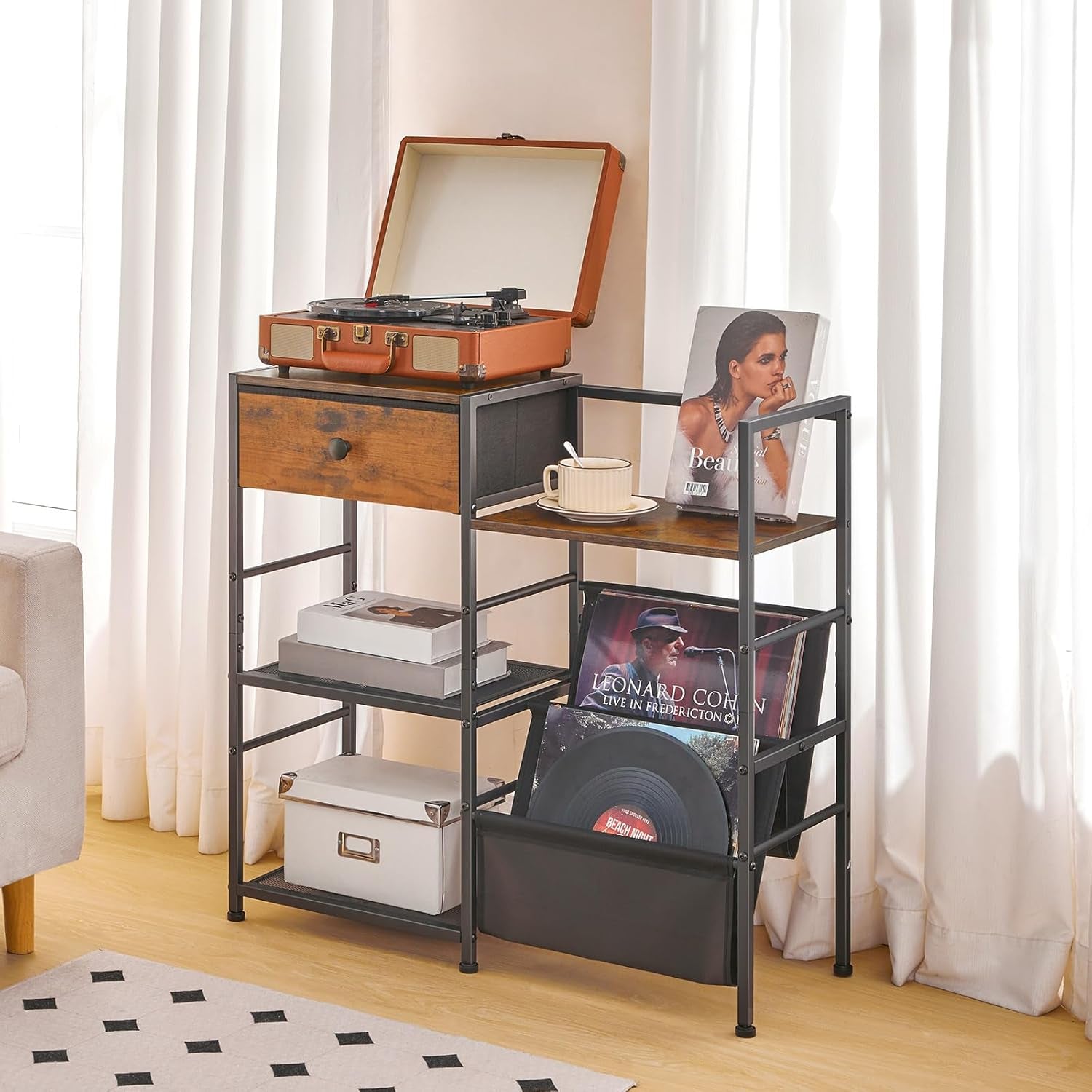 Record Player Stand with Vinyl Storage, Turntable Stand with Record Storage and Display Shelf, Media Cabinet with Drawer for Living Room, Bedroom,Rustic Brown BF75CJ01