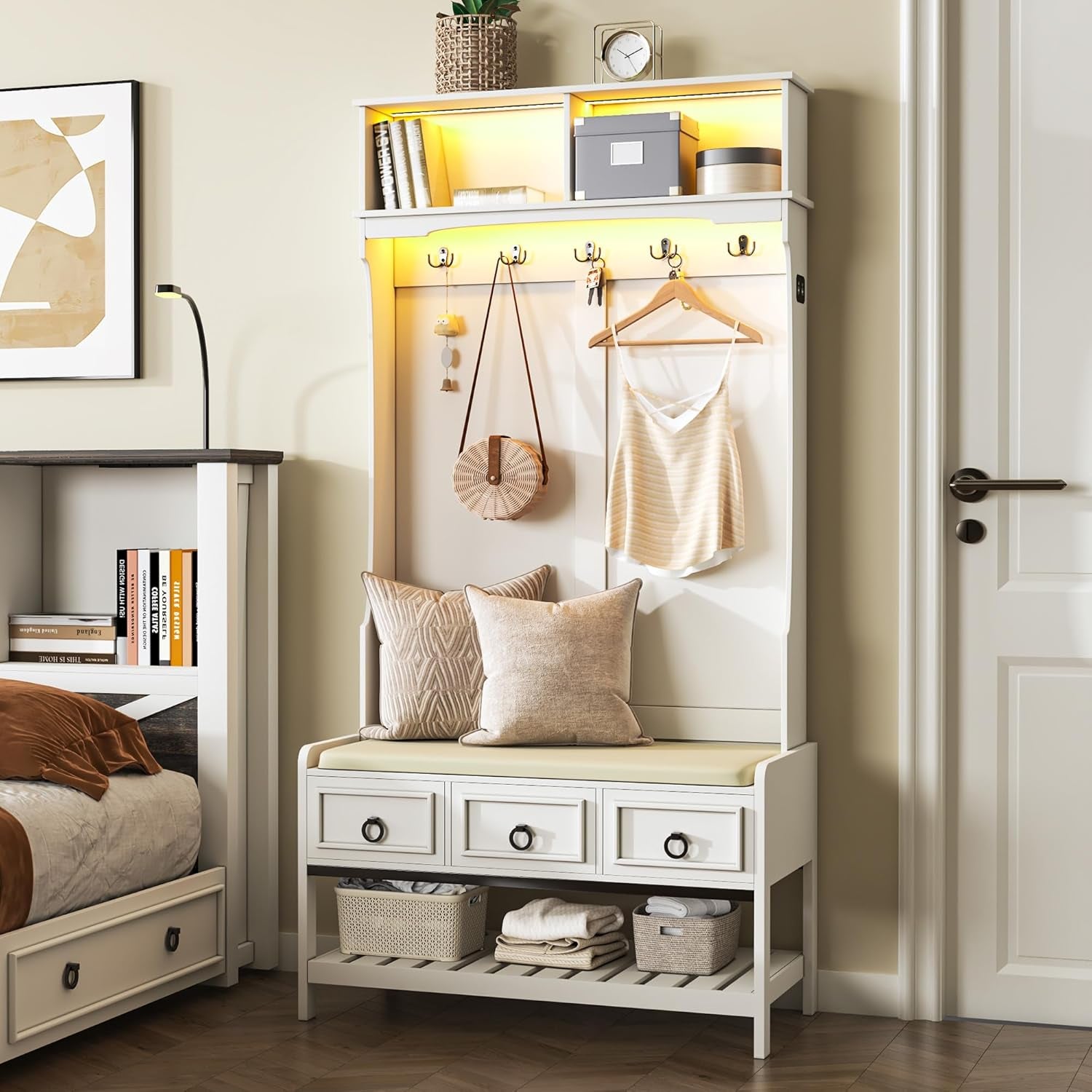 67” Farmhouse Hall Tree with Shoe Storage, Auto Sensor Wood Coat Tree with LED Lights, 3-In-1 Entryway Bench with Coat Rack, Hooks and Drawers for Hallway, Living Room, Bedroom (White)