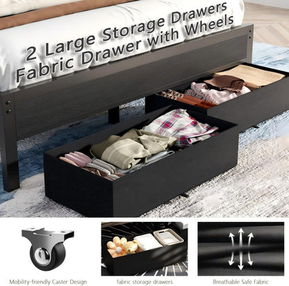 Full Size Bed Frame with Charging Station and LED Lights, Grey Upholstered Headboard with Shelves, Metal Platform Bed with 2 Under-Bed Storage (Fabric Drawer on Wheels), No Box Spring Needed