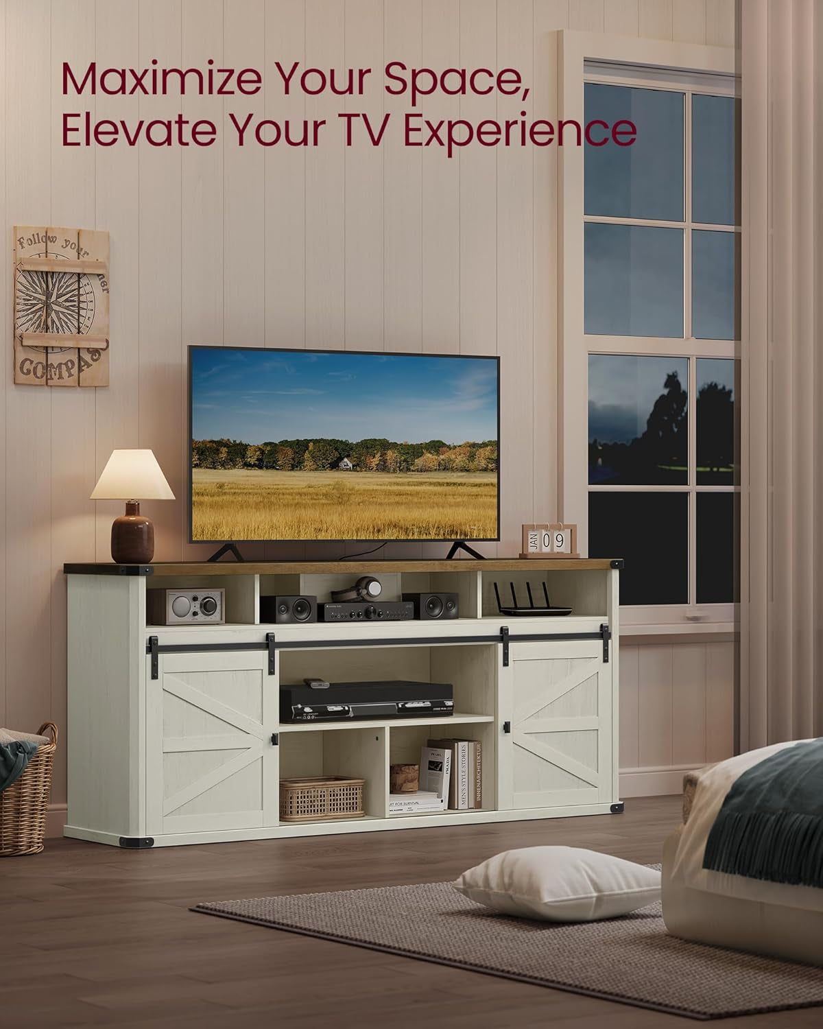 TV Stand for Tvs up to 75 Inches, Farmhouse Entertainment Center with Sliding Barn Doors, Console Table for Living Room, Rustic White and Honey Brown ULTV323W02
