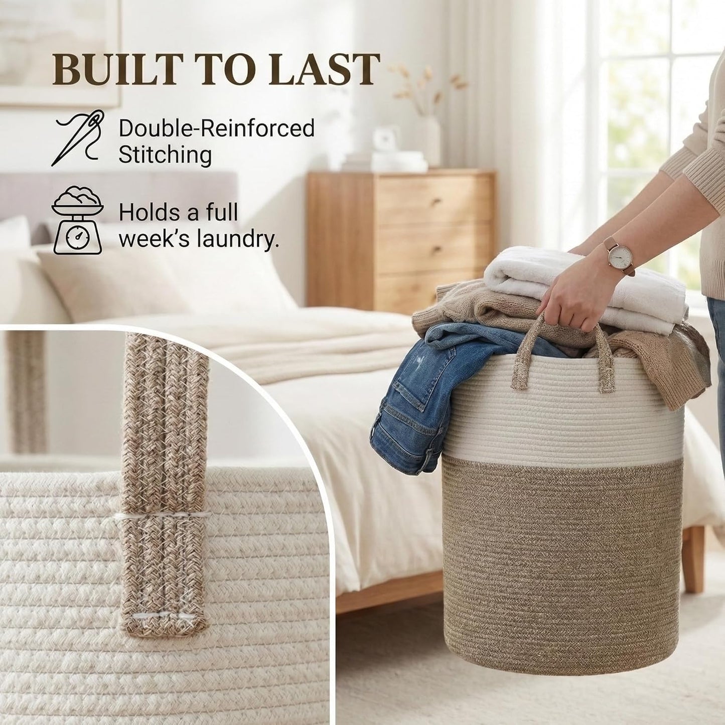 Large Woven Laundry Basket Hamper,60L Cotton Rope Storage Bin for Blankets,Toys and Clothes,Decorative Tall Nursery Hamper for Living Room,Baby Nursery,Bathroom and Bedroom,Brown