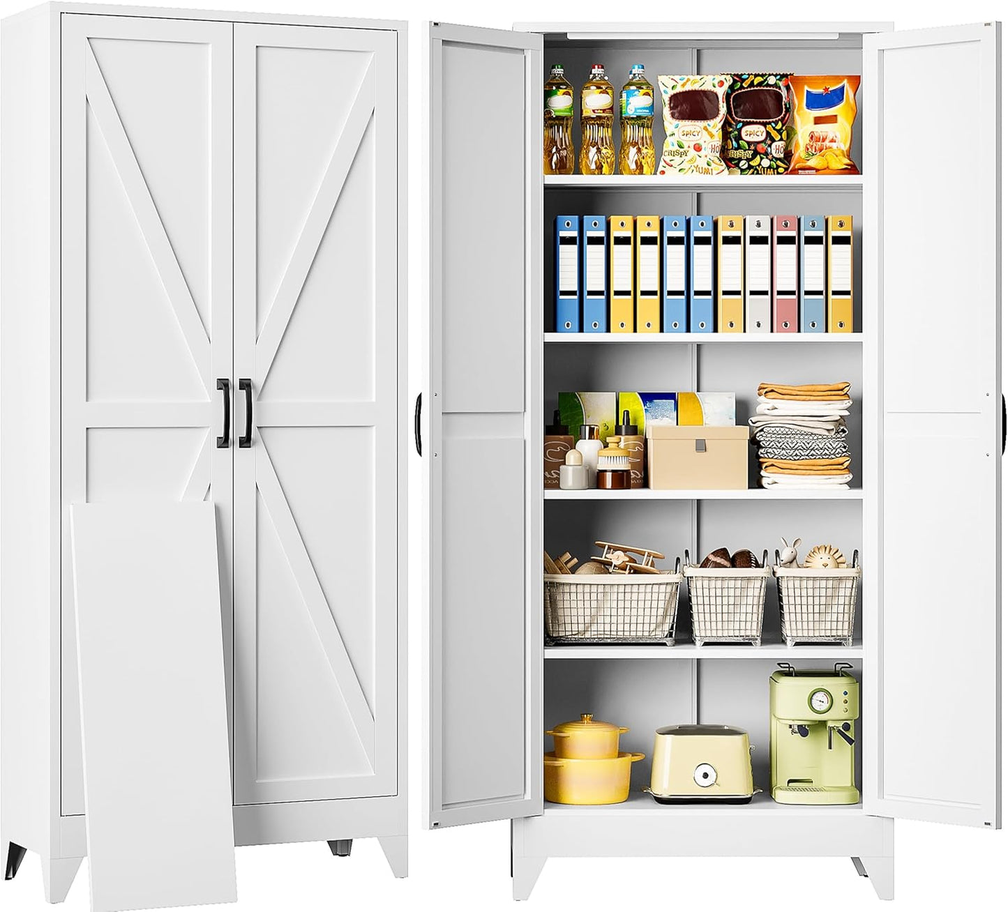 75" Tall Pantry Cabinet,Farmhouse Kitchen Pantry Storage Cabinets with 2 Doors and 5 Shelves,White Metal Storage Cabinet,Large Cupboard for Home,Kitchen,Dining/Living Room