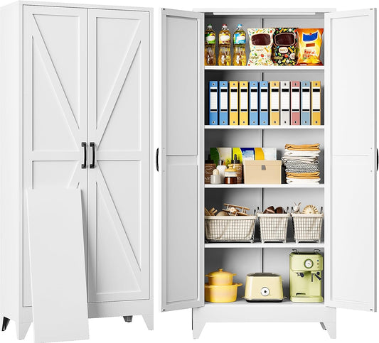 75" Tall Pantry Cabinet,Farmhouse Kitchen Pantry Storage Cabinets with 2 Doors and 5 Shelves,White Metal Storage Cabinet,Large Cupboard for Home,Kitchen,Dining/Living Room