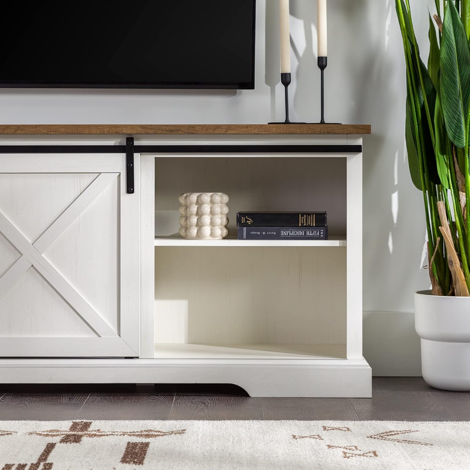 Corbin Modern Farmhouse Sliding X Barn Door TV Stand for Tvs up to 80 Inches, 70 Inch, Reclaimed Barnwood and Brushed White