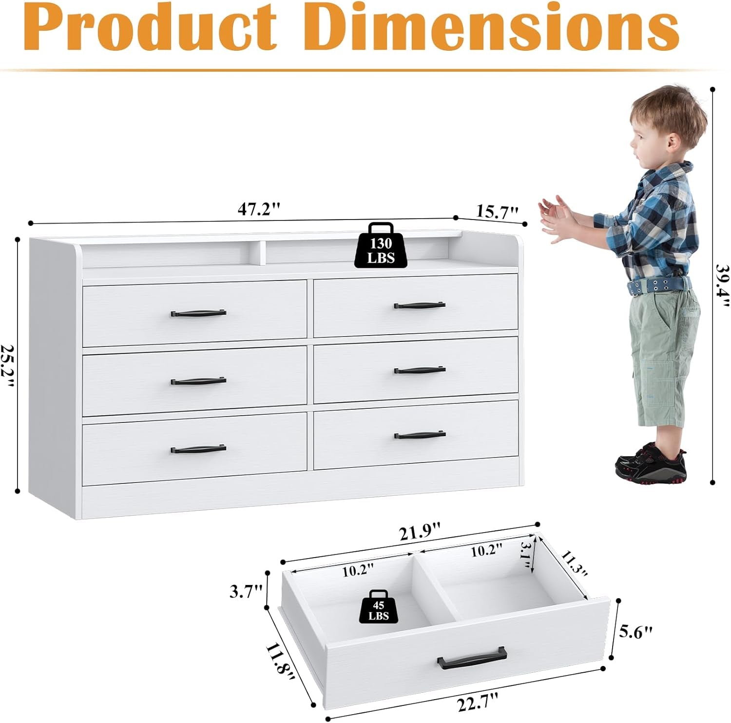 Dresser for Kids Bedroom, Kids Dresser with 6 Deep Drawers for Playroom, Wooden Storage Cabinet with Metal Handles & Anti-Dropping Fence for Toys/Clothes/Books, 15.8" D X 47.2" W X 25.2" H