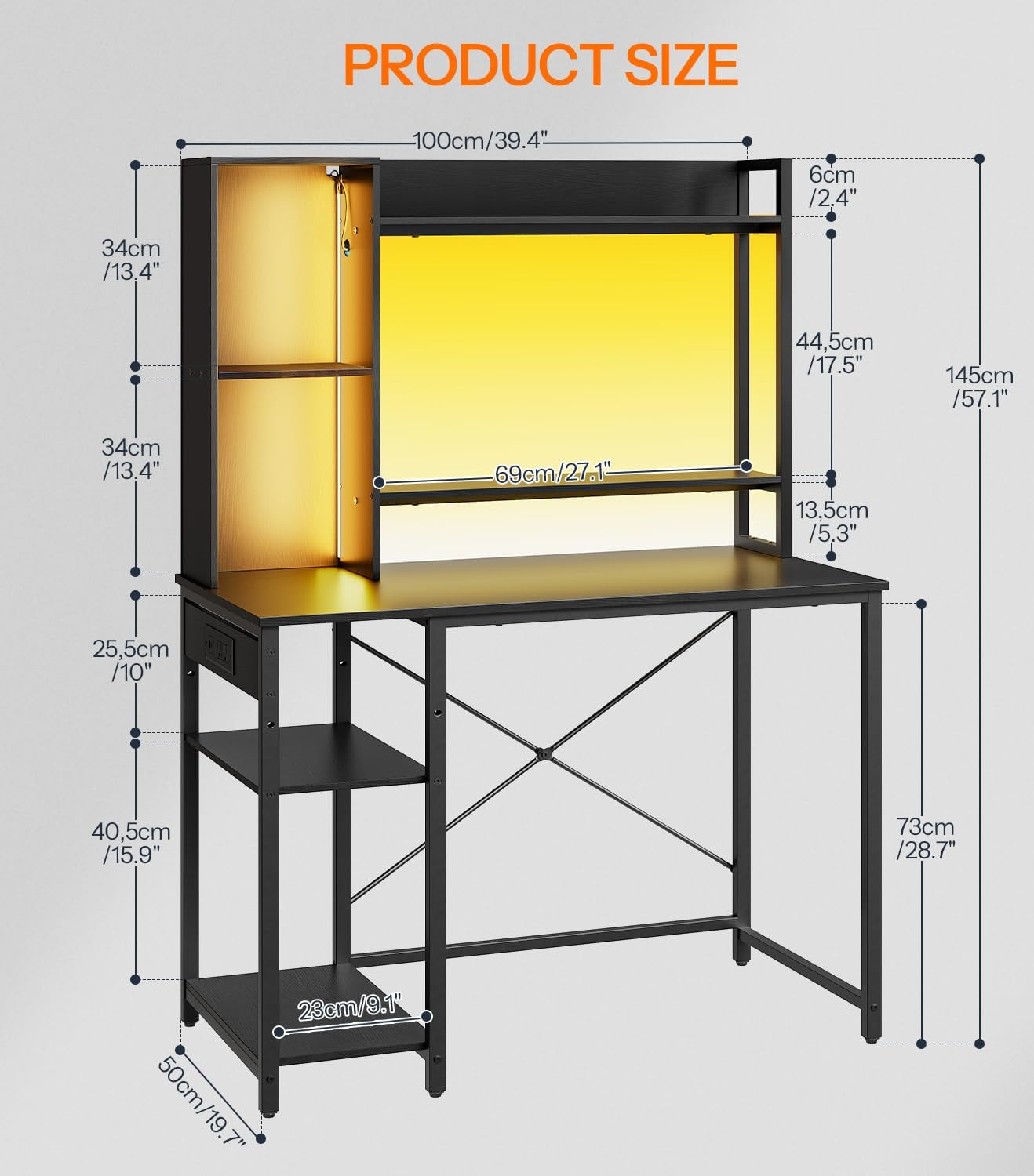 Computer Desk, Gaming Desk with LED and Outlets, Home Office Desk with Monitor Stand and Adjustable Shelf, Small Gaming Table with CPU Stand for Home Office, Small Space, Black BB100UDDN01