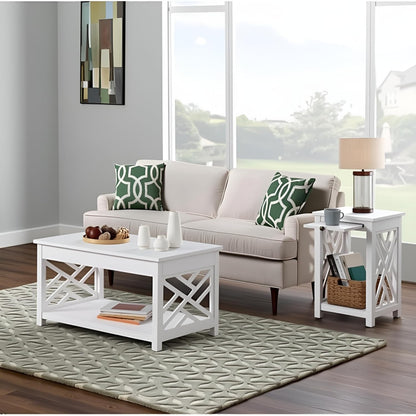 Coventry 2-Piece Living Room Table Set – Cottage Style Coffee Table and End Table with Lower Shelves and Pull-Out Tray – for Apartment, Loft, or Teen Room by  (White)