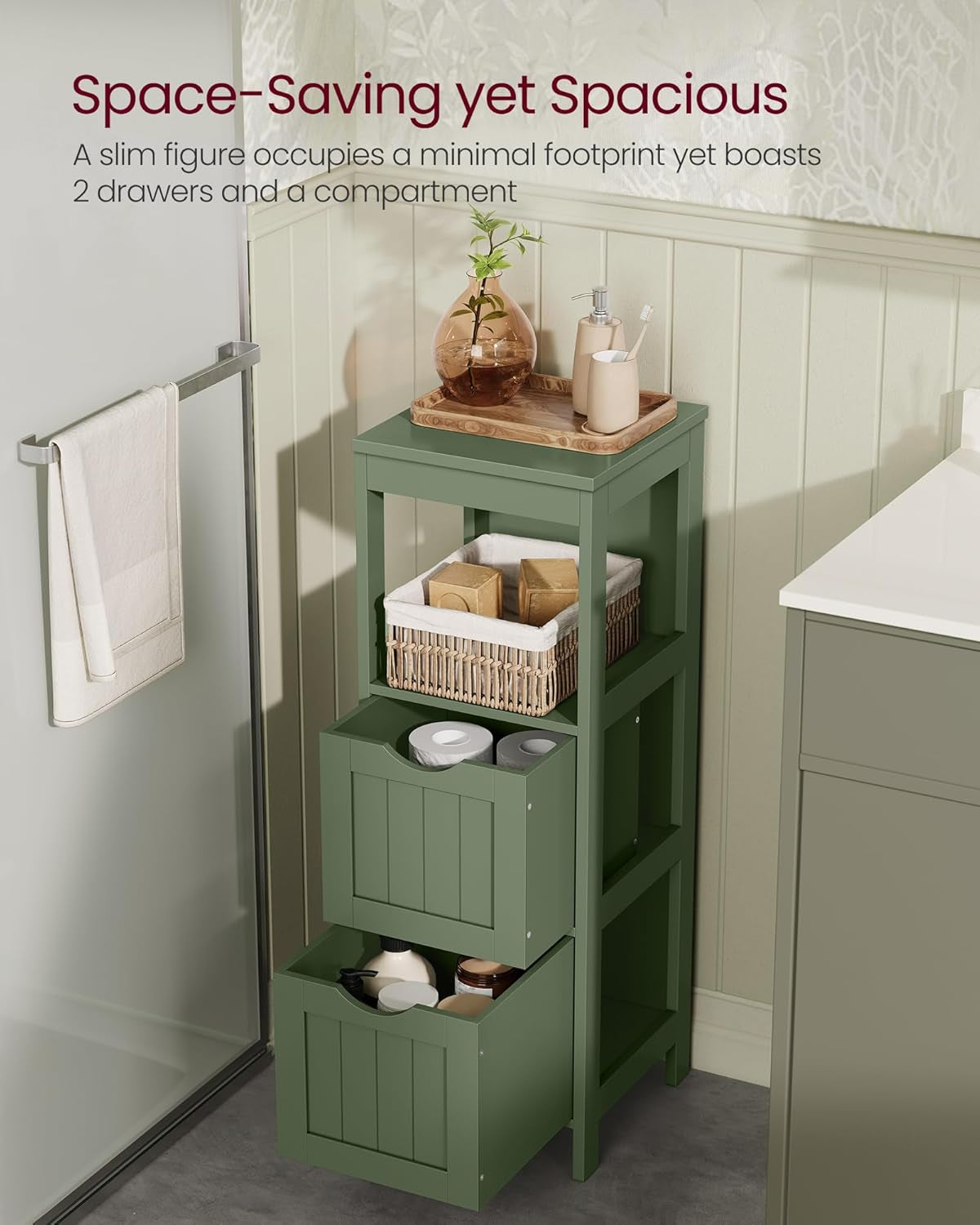 Bathroom Floor Cabinet, Bathroom Storage Organizer Rack Stand, Multifunctional Corner Unit, 2 Drawers, 35 Inches in Height, Dove Gray UBBC042G02