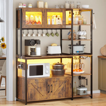 Bakers Rack with Power Outlet and LED Light, 45.3 Inch Farmhouse Coffee Bar Cabinet, Kitchen Microwave Stand with Storage, Glass Cabinet, Goblet Holder and 8 Hooks (Rustic Brown)