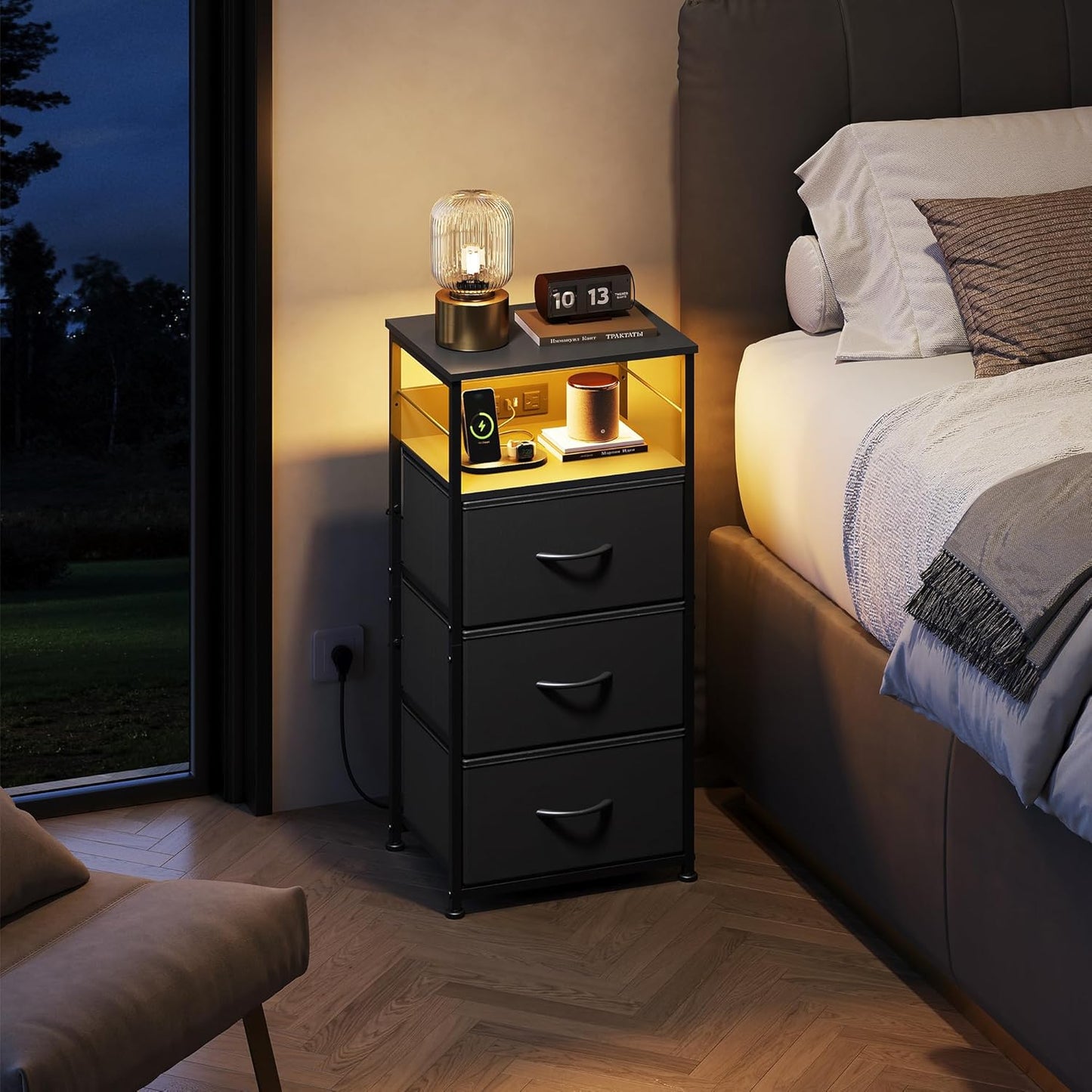 Nightstand with Charging Station, 31.9" H Nightstand with 3 Fabric Drawers, LED Bedside Table with USB Ports and Outlets, End Table for Dorm, Bedroom, Entryway, Black