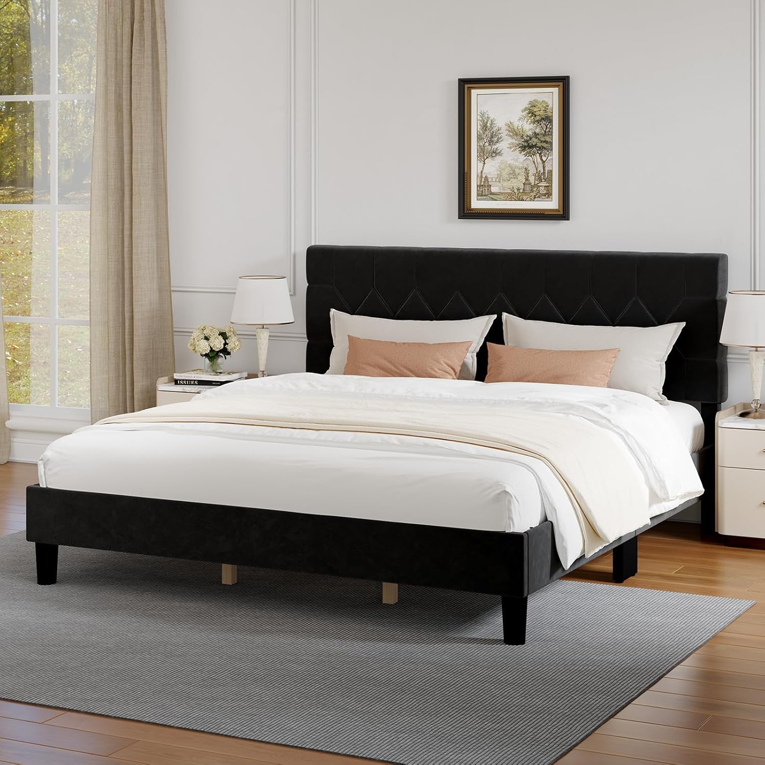 King Size Bed Frame, King Bed Frame and Headboard, Linen Upholstered Pull-Point Bed Frames, No Box Spring Needed, Heavy Duty Feet, Easy Assembly, Beige