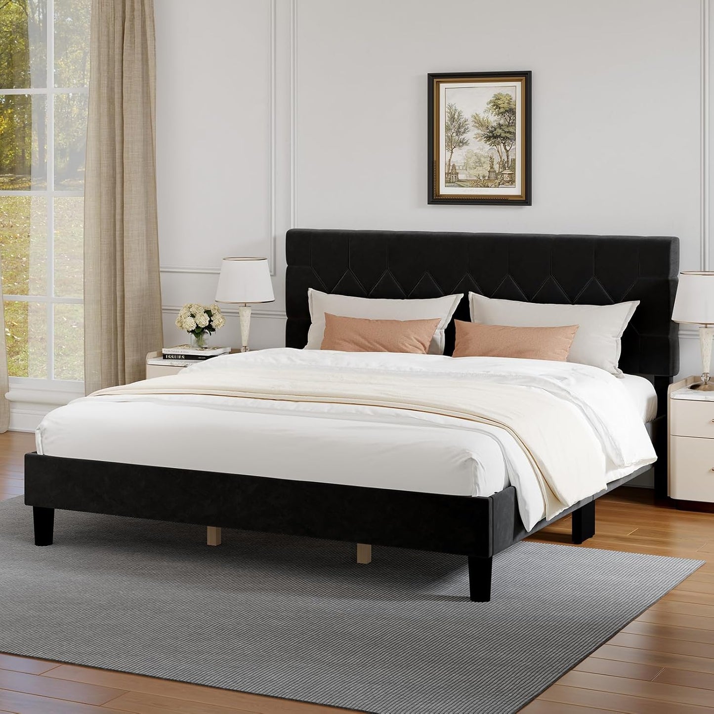 Queen Bed Frame with Headboard, Bed Frame Queen Size with Wood Slats Support, Linen Upholstered Pull-Point Headboard, No Box Spring Needed, Heavy Duty Feet, Easy Assembly, Beige