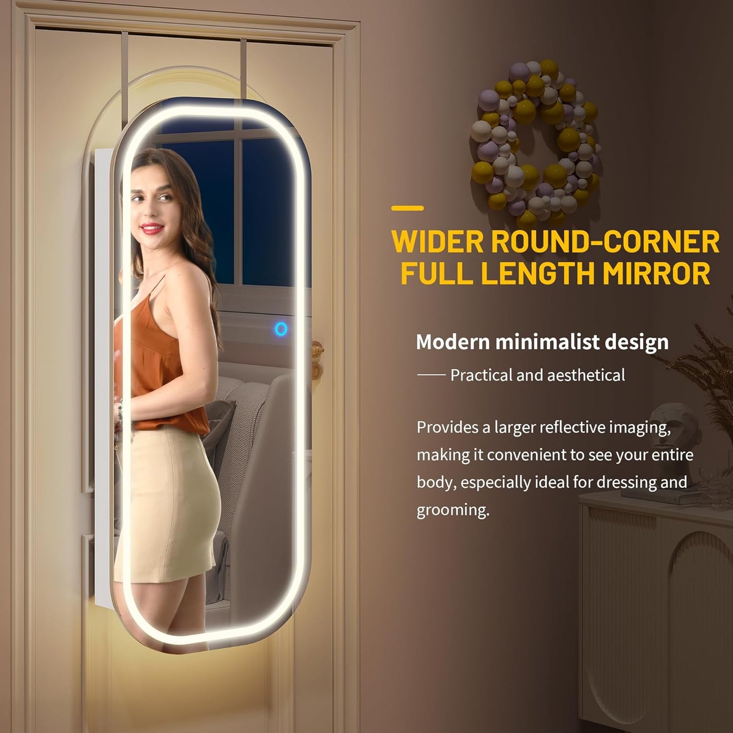 LED Lights Mirror Jewelry Cabinet, Wall Mount/Over the Door Jewelry Armoire Organizer, 42" Full Length Mirror with Storage, Built-In Makeup Mirror, Lockable Mirror Cabinet for Jewelry, White