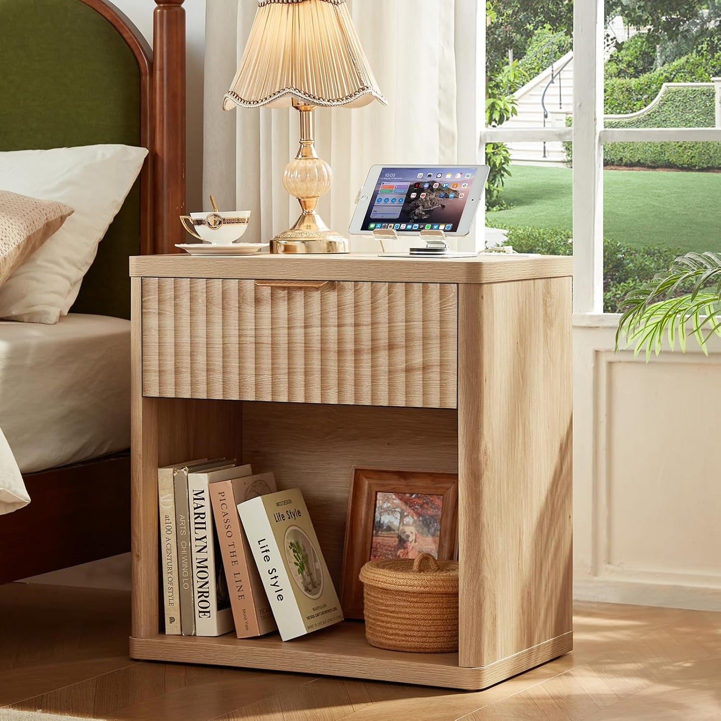 Fluted Farmhouse Nightstand Set of 2 with Charging Station, 23" Wide 1 Drawers End Table,Natural Dresser for Bedroom,Bed Side Table Chest of Drawers Cabinet,Wood Night Stand for Living Room