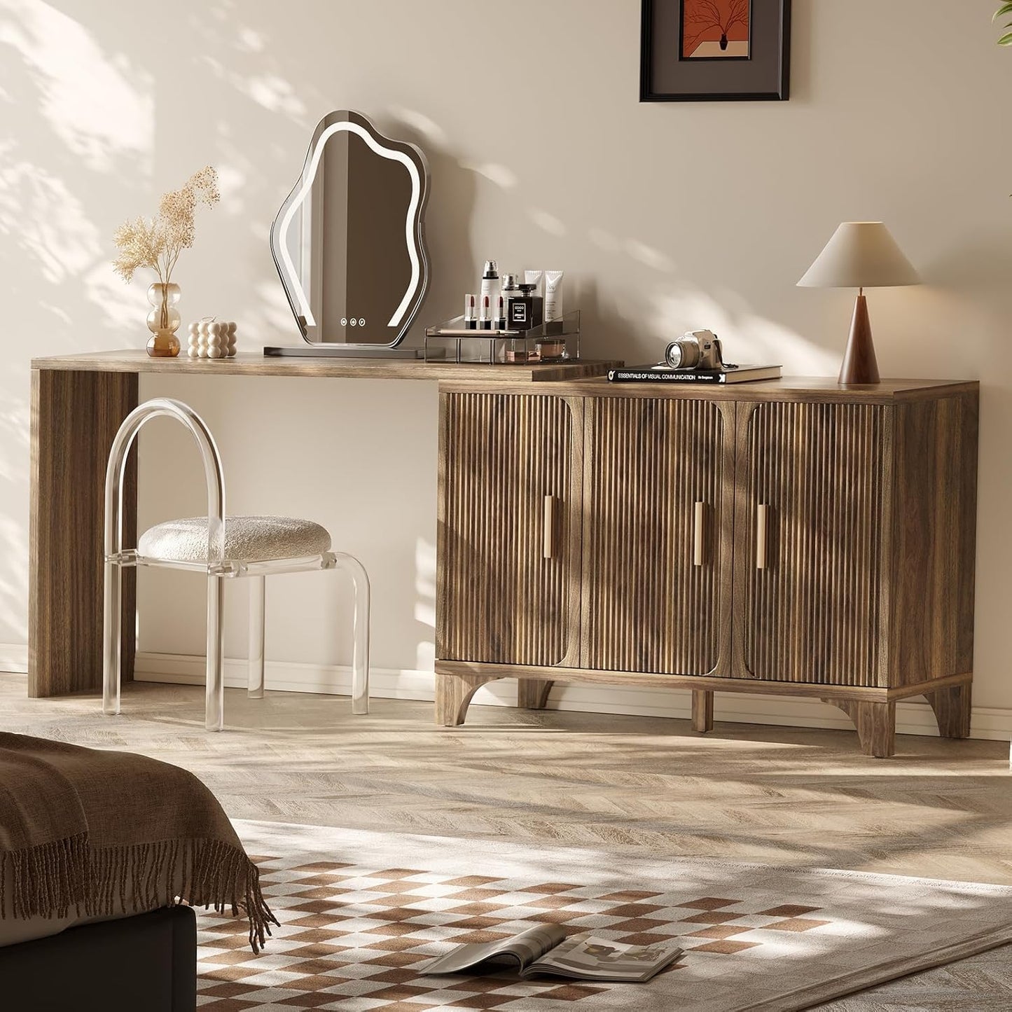 Mid Century Modern Buffet Cabinet with Storage, Accent Sideboard and Credenza with Fluted Doors, Wood Coffee Bar Console for Kitchen, Living Room (Walnut Brown, 47" 3-Door)