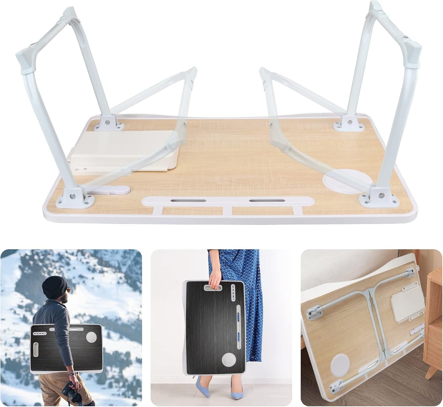 Laptop Bed Table, Laptop Desk for Bed, Foldable Laptop Bed Desk with USB Charge Port, Handle, Desktop Card Slot, Cup Slot, Side Drawer, Portable Laptop Table for Bed Eating Reading Working