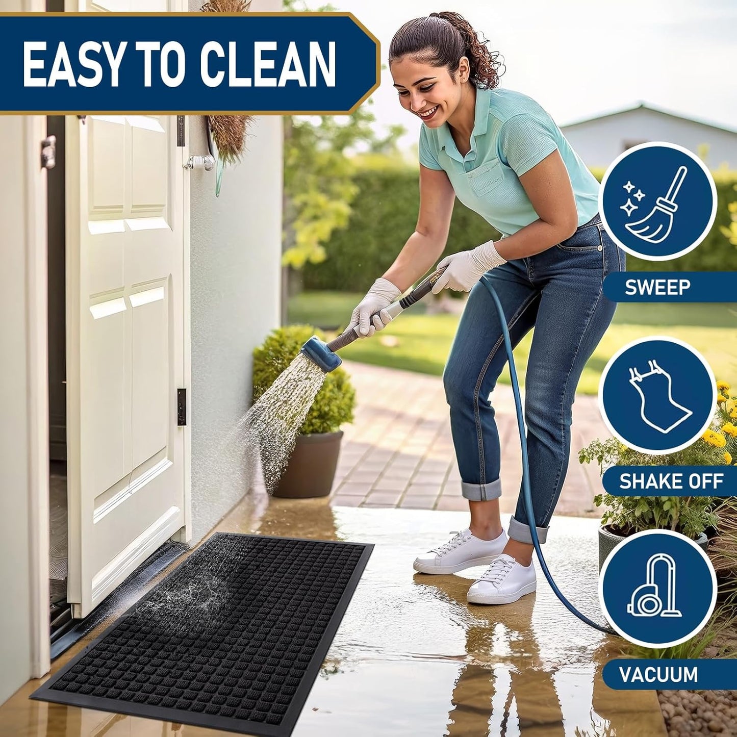 Front Door Mat outside Entrance, Heavy Duty Natural Rubber Doormat, Non Slip, Trap Dirt and Moisture, Easy Clean, Low Profile Welcome Floor Mats for Indoor Outdoor Entry, 29.5X17 Inch, Black