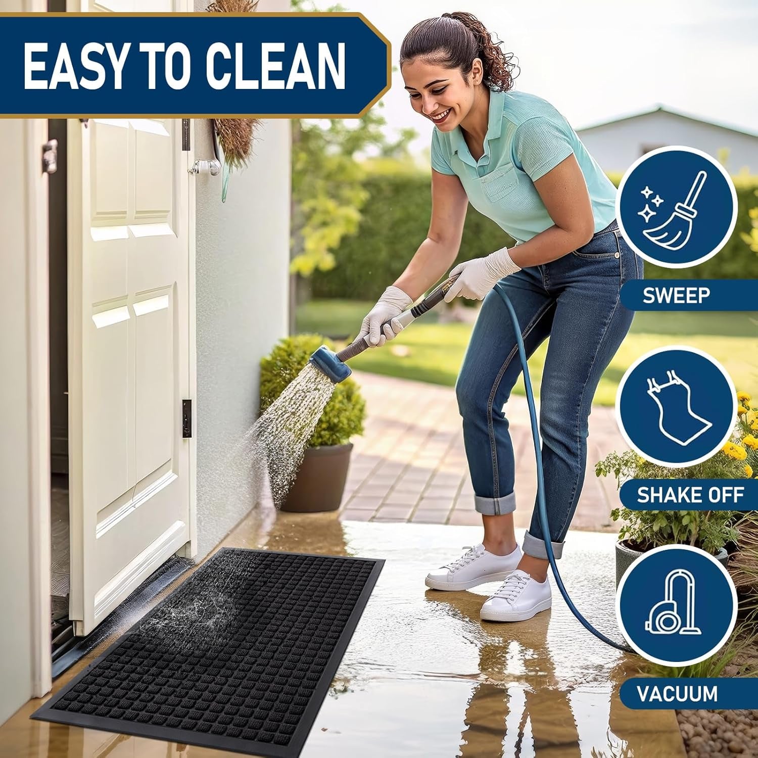 Front Door Mat outside Entrance, Heavy Duty Natural Rubber Doormat, Non Slip, Trap Dirt and Moisture, Easy Clean, Low Profile Welcome Floor Mats for Indoor Outdoor Entry, 29.5X17 Inch, Black