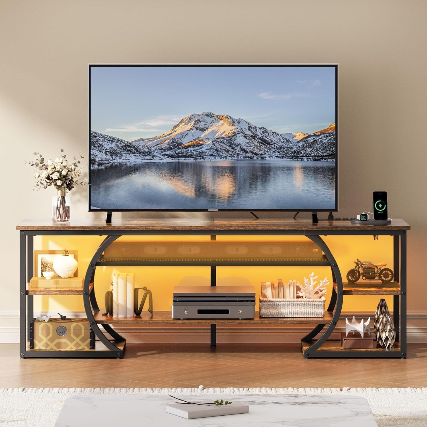 TV Stands for Living Room, LED Entertainment Center with Storage, TV Stand for 70 Inch TV,TV Console Cabinet with Power Outlets, Rustic Brown