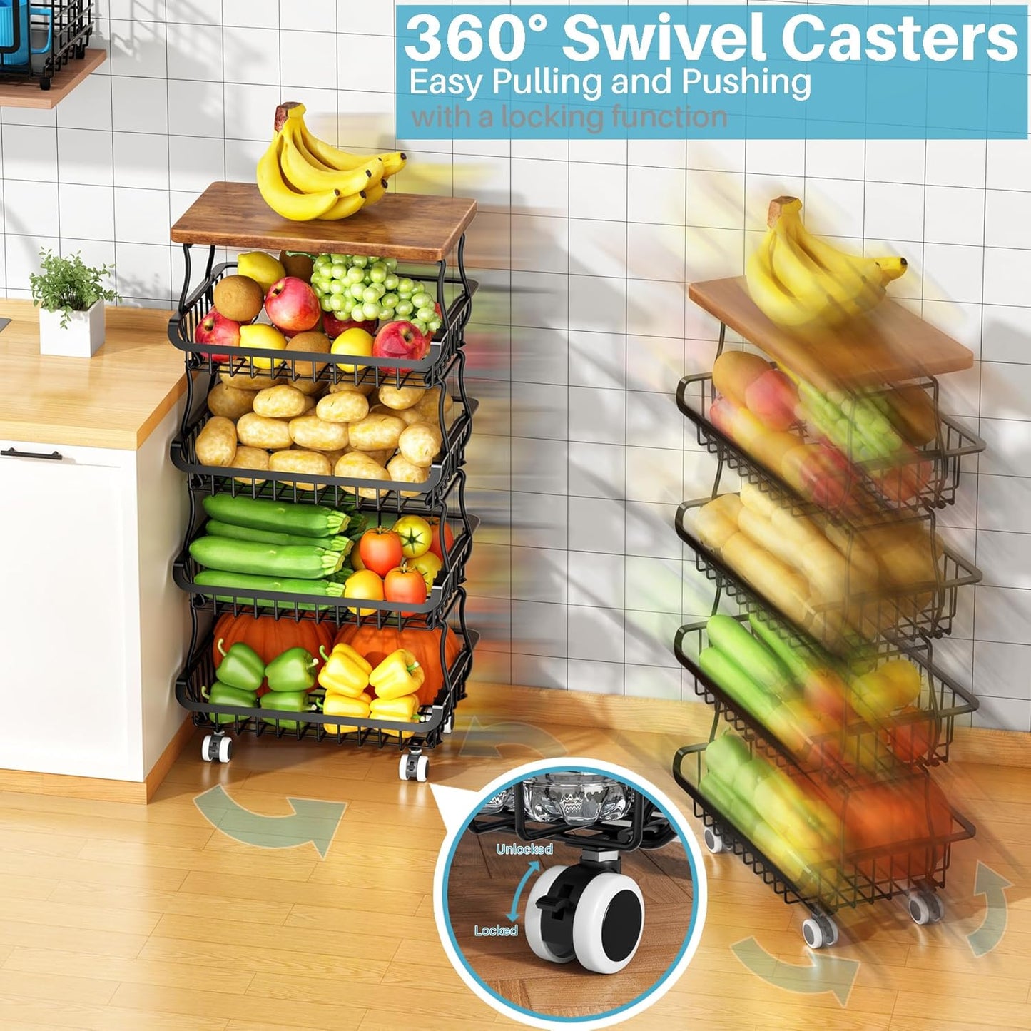 4 Tier Vegetable Fruit Basket for Kitchen, Stackable Metal Fruit and Vegetable Storage Baskets with Rolling Wheels Cart, Fruteros Para Cocina Potato and Onion Bin Pantry Kitchen Island Cart Counter