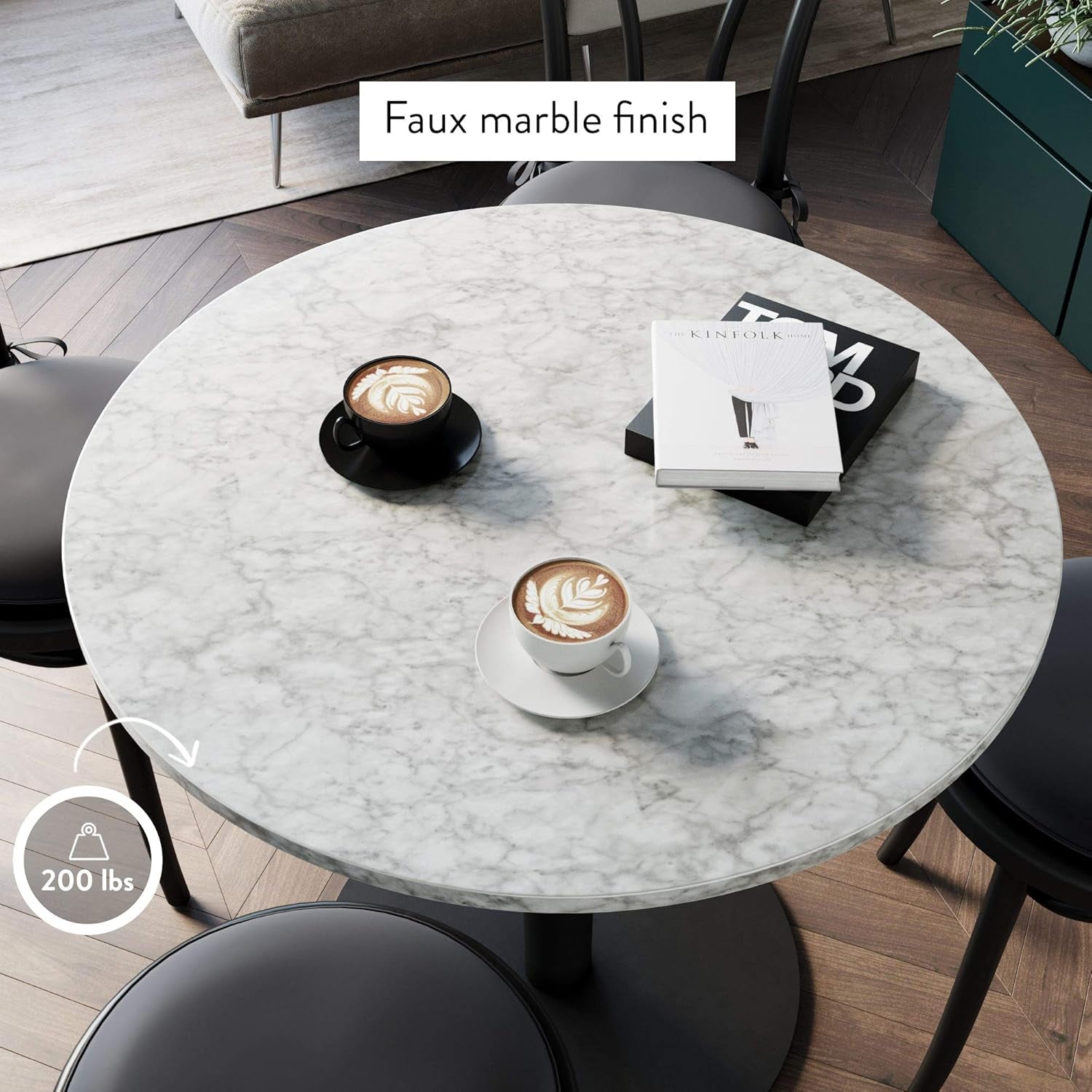 Bistro Lucy Small Mid-Century Modern Kitchen or Dining Table with Faux Carrara Marble Top and Brushed Metal Pedestal Base, Black, 31.5D X 31.5W X 29H In