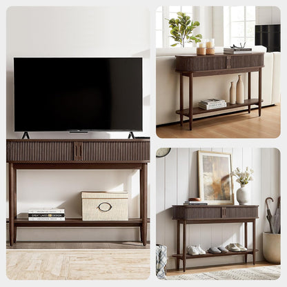 Fluted Console Table with Storage, Entryway Table Wood Entrance Tables for Front Door, behind Couch Sofa Table with Shelves, Foyer Tables for Hallways, Living Room Vintage Furniture, Walnut
