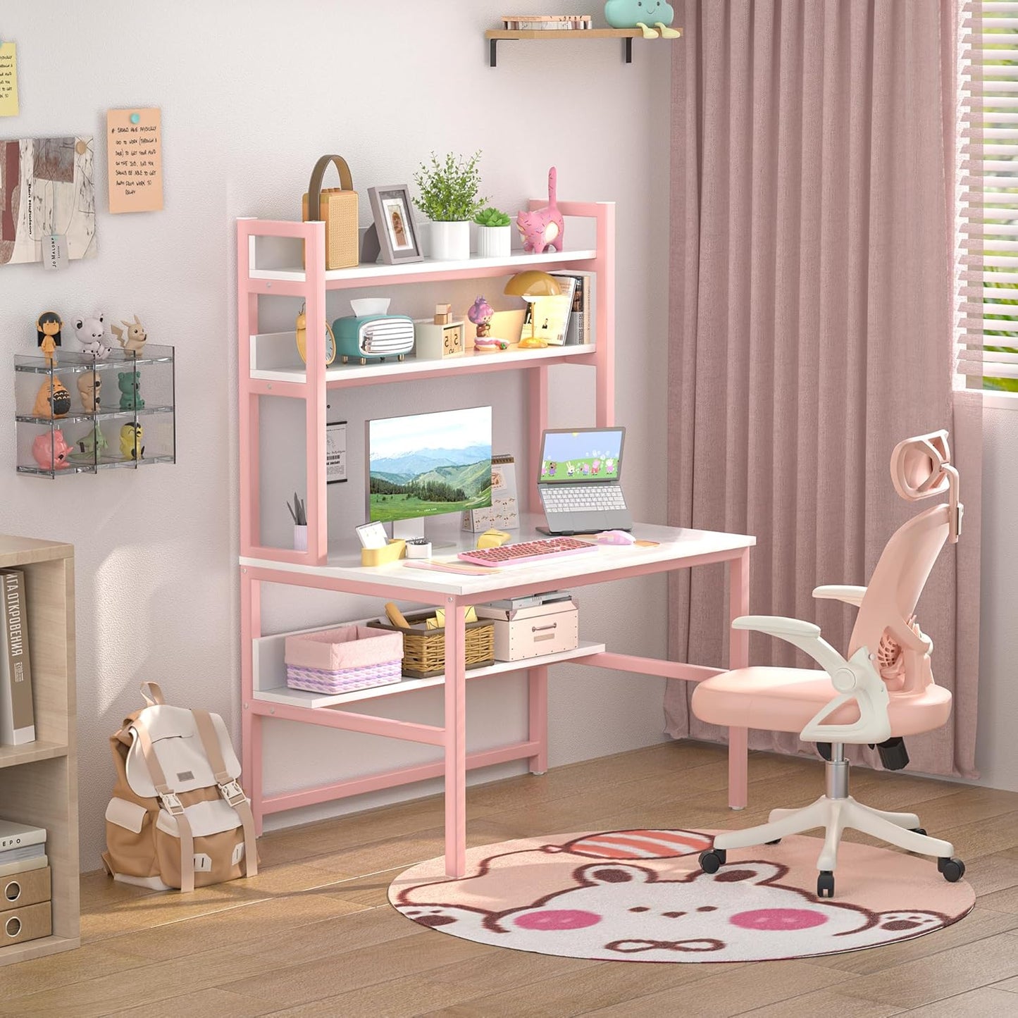 Pink Girls Desk Hutch, 47In Woman Computer Desk with Bookshelf & Storage Shelves, Space Saving Girls Writing Study Craft Table for Bedroom Kids Room, White Wood & Pink Iron Home Office Desks