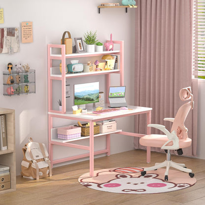 Pink Girls Desk Hutch, 47In Woman Computer Desk with Bookshelf & Storage Shelves, Space Saving Girls Writing Study Craft Table for Bedroom Kids Room, White Wood & Pink Iron Home Office Desks