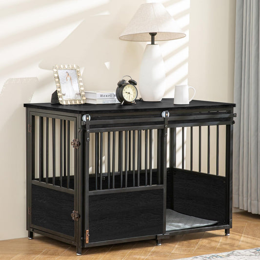 40 Inch Dog Crate Furniture with Cushion for Small Medium Dogs, Wooden Heavy Duty Dog Kennel with Double Doors, Decorative Pet House Dog Cage Side End Table Indoor, Sliding Door Chew-Resistant