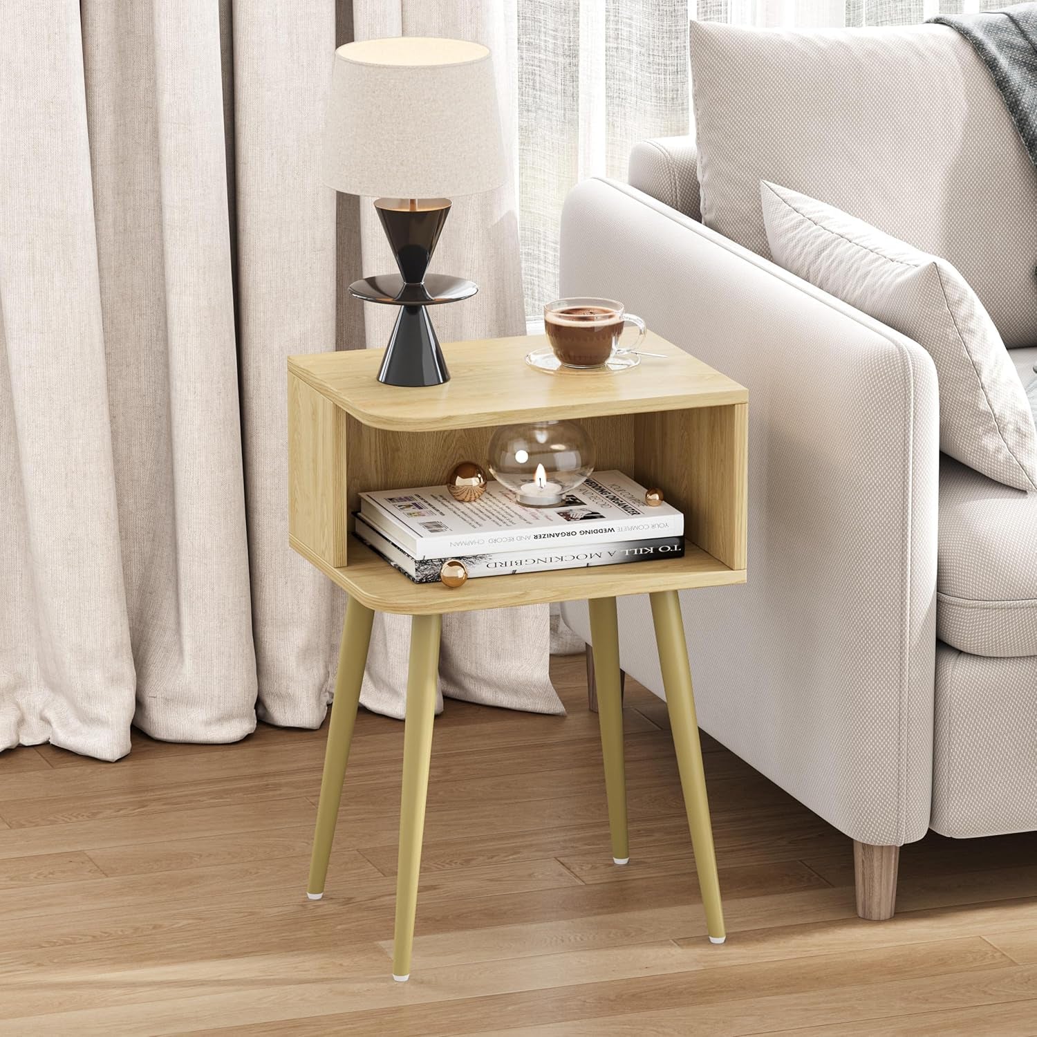 Natural Nightstand Set of 2, Small Bed Side Table for Small Spaces, Mid Century Modern Nightstand End Table with Open Storage, Side Table for Bedroom Living Room, MLBZ20Y-2
