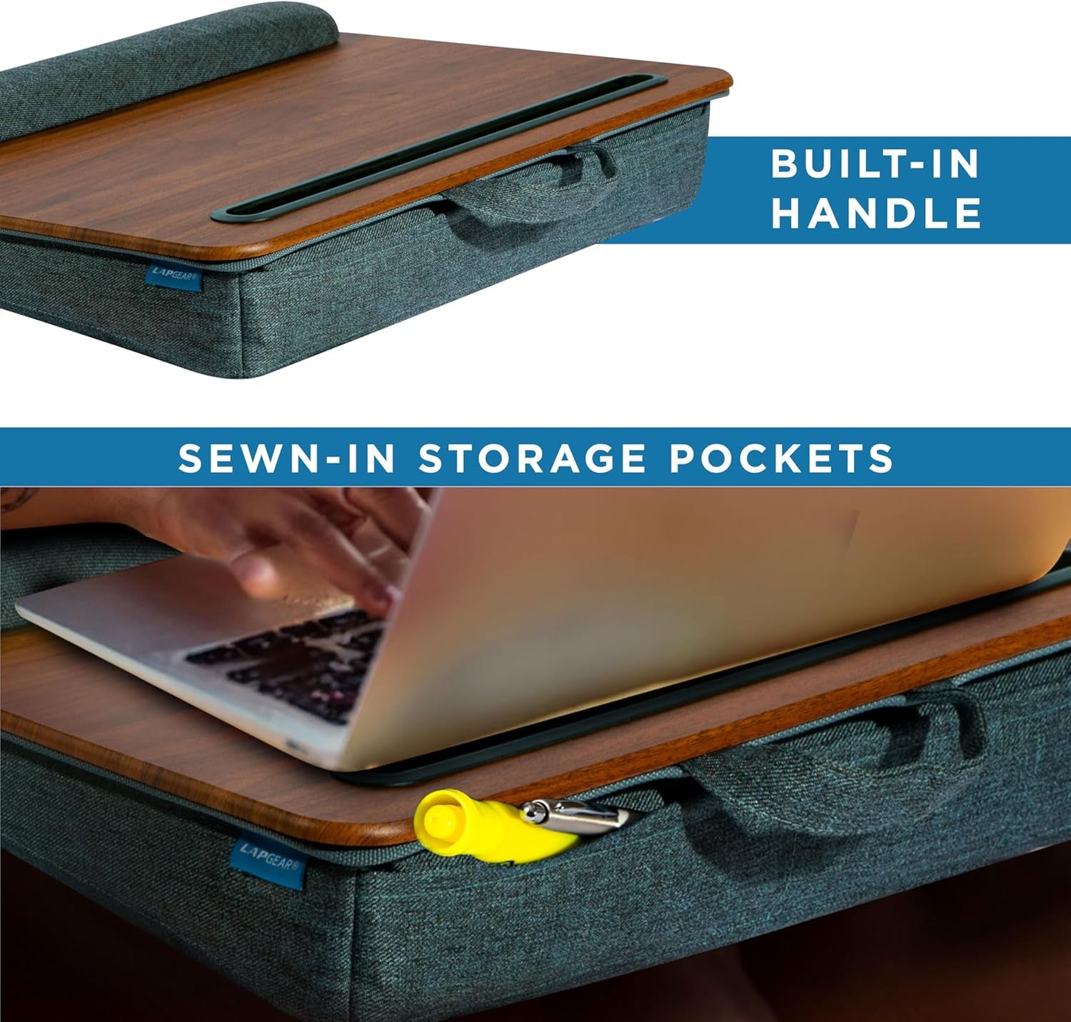Portable Laptop Lap Desk with Pillow Cushion, Anti-Slip Strip, Tablet or Phone Storage Slot, Pen and Pencil Pocket, and Wrist Rest - Espresso Woodgrain - Fits 17.3" Laptops - Style No. 91342
