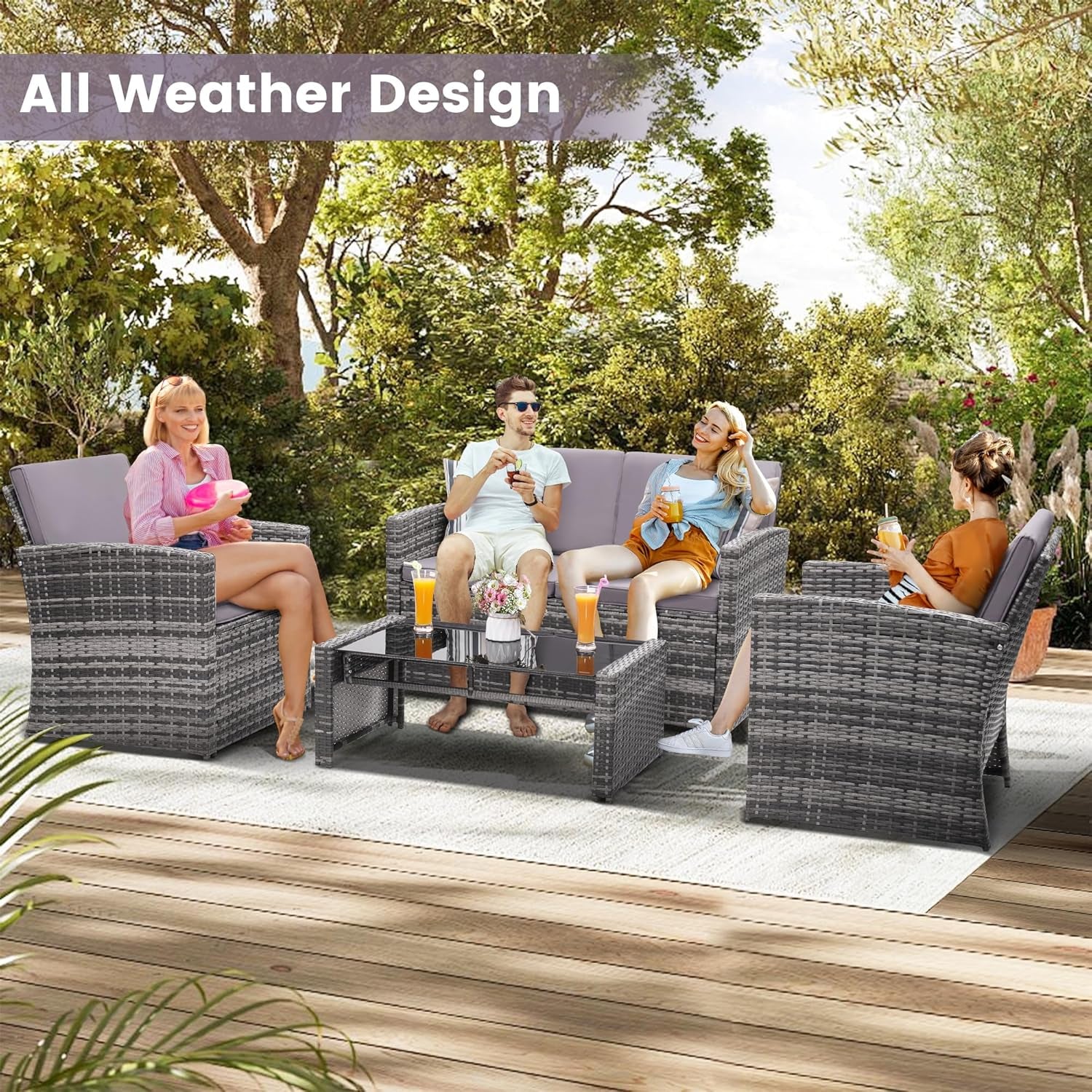 4-Piece Patio Furniture Set, Wicker Outdoor Rattan Sectional Sofa with Cushions and Glass Table, All-Weather Outdoor Conversation Set for Garden, Porch, Backyard, Patio, Light Grey