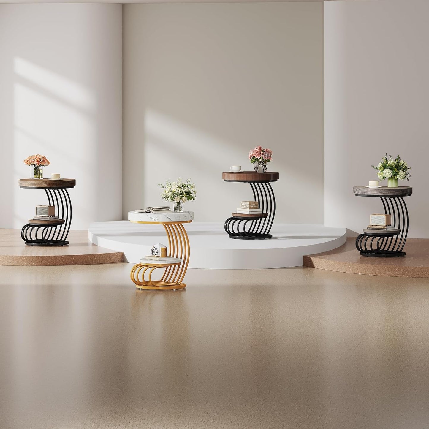 round End Table, 2-Tier Farmhose Wood Side Table with Shelf Storage, Small Sofa Side Bedside Nightstand, Arc-Shaped Frame Accent Furniture for Living Room, Grey