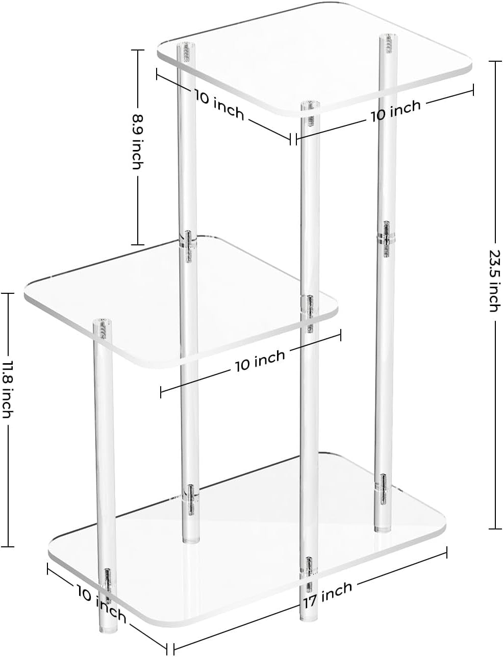 Acrylic 3 Tiers Side Table - Square Step End Table - Clear Nightstand Small Bedside Table Accent Entryway Table, for Living Room, Bedroom, Hallway, 17'' L X 10'' W X 23.5'' H