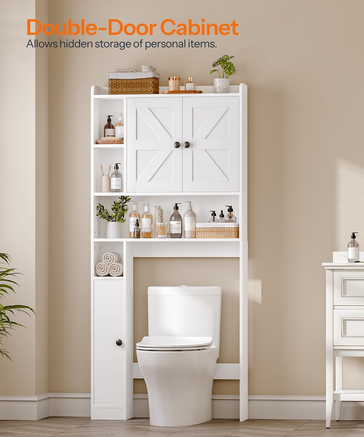 over the Toilet Storage Cabinet, Farmhouse over Toilet Bathroom Organizer with Doors and Adjustable Shelves, 31.5" W X 7.5" Dx 66.7" H, Space-Saving for Bathroom, Laundry, White WT80TS01N1
