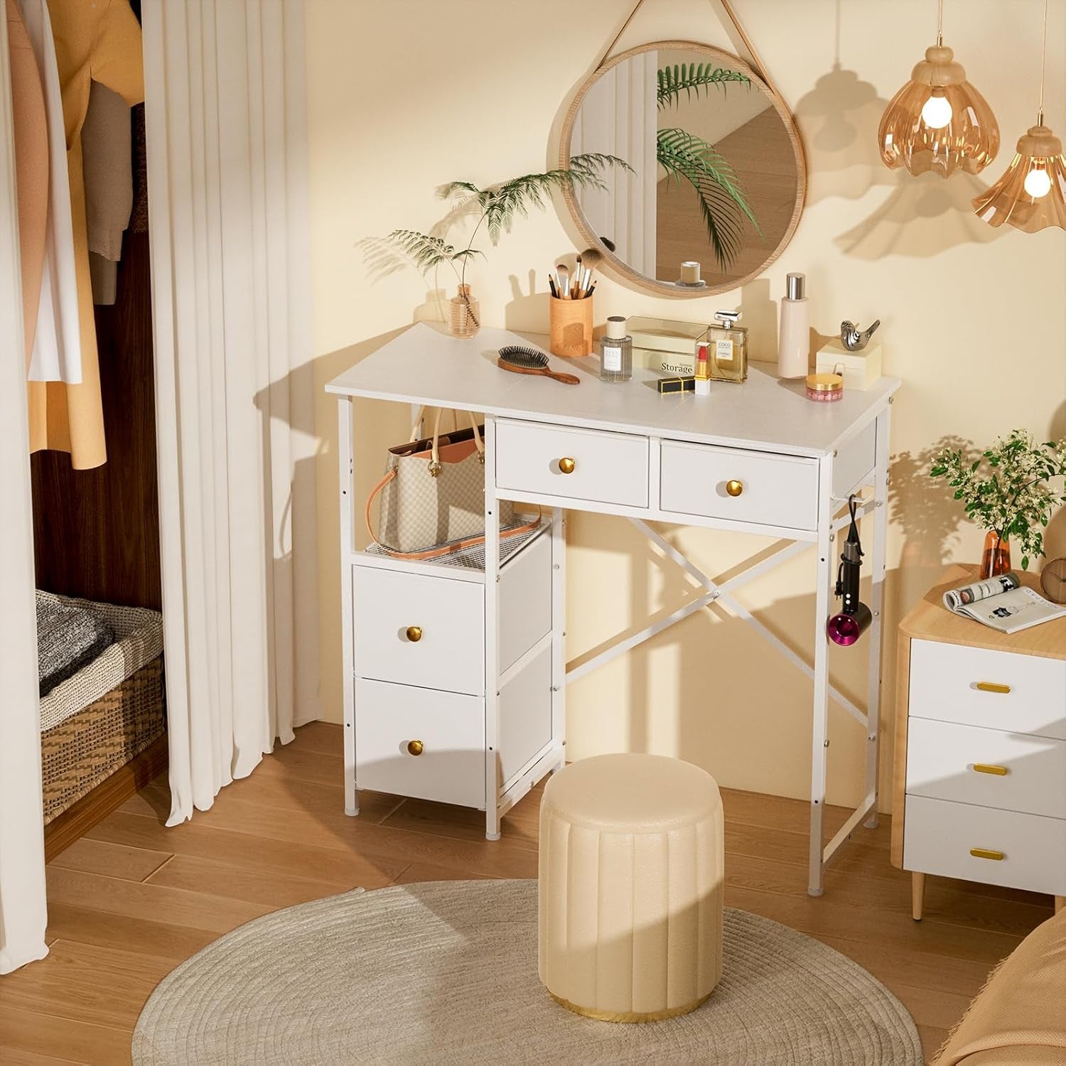 White Vanity Desk without Mirror, Small Makeup Desk with 4 Fabric Drawers, 33.5 Inches Dressing Table with Storage, Vanity Table for Bedroom with Hook, White