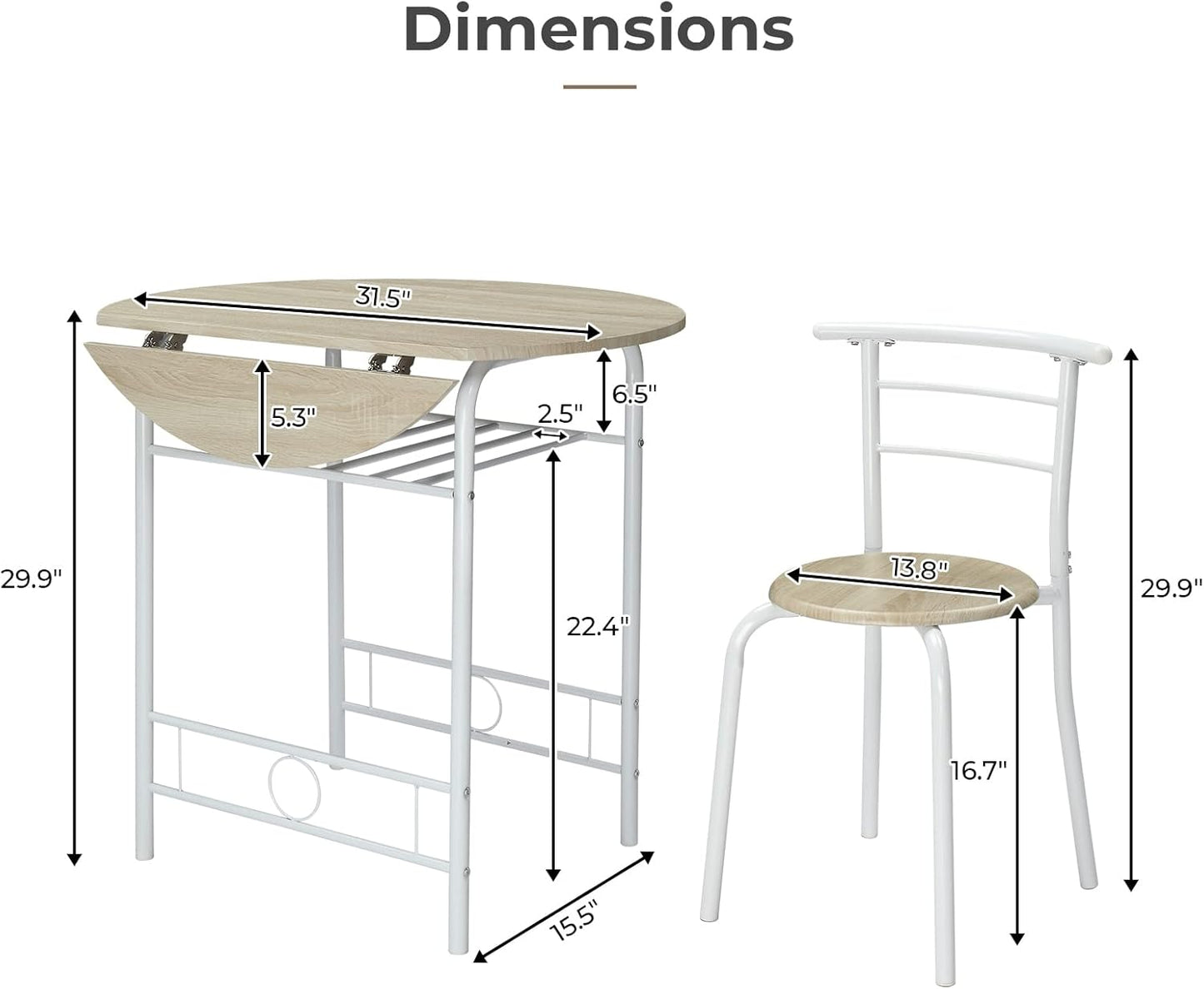 31.5" Drop Leaf Dining Table 3 Pieces for Small Space,Small Kitchen Table Set for 2,Round Folding Table with 2 Chairs for Home,Kitchen,Apartment,White&Oak