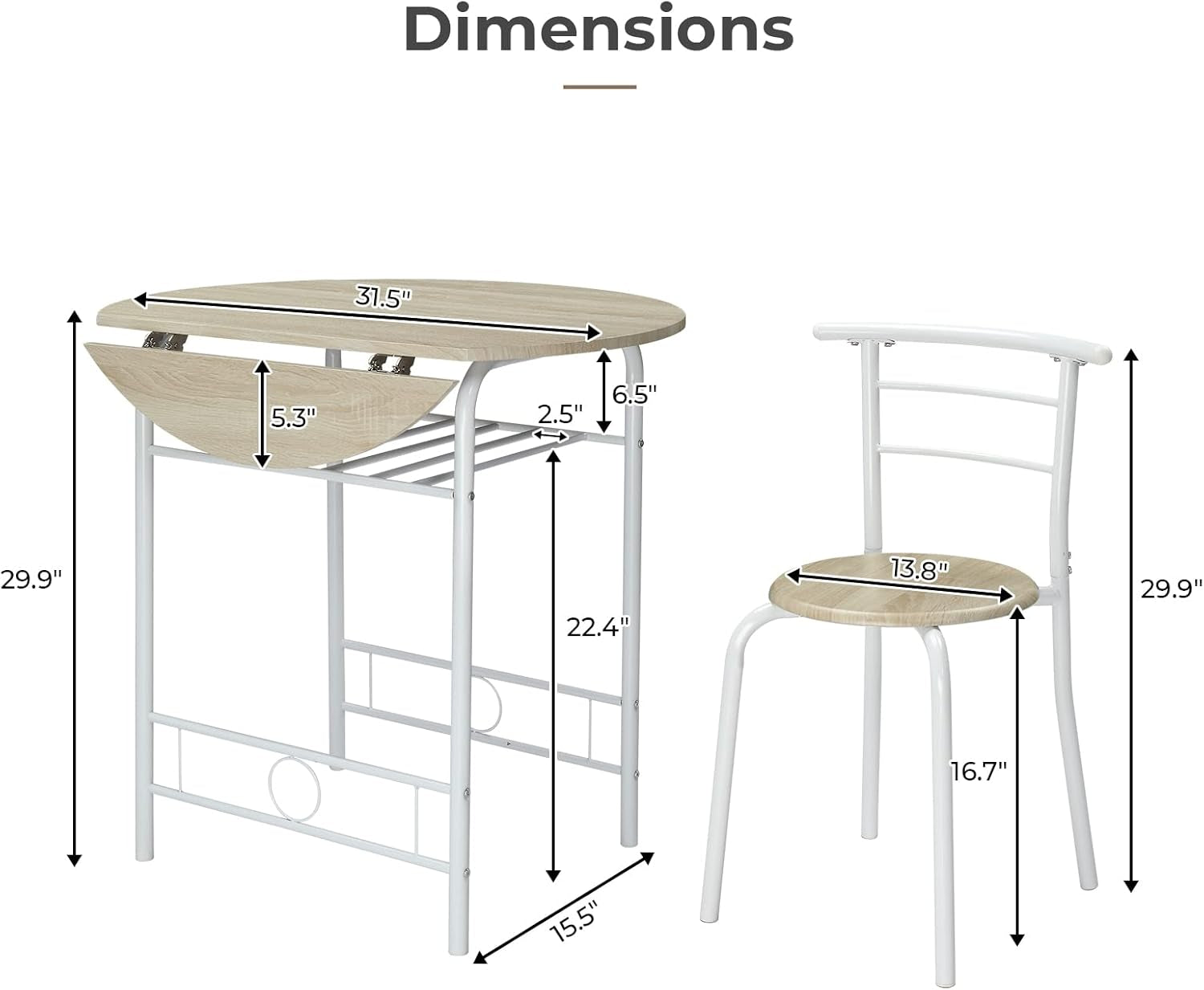 31.5" Drop Leaf Dining Table 3 Pieces for Small Space,Small Kitchen Table Set for 2,Round Folding Table with 2 Chairs for Home,Kitchen,Apartment,White&Oak
