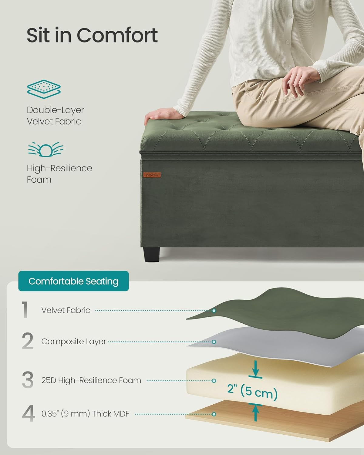 Velvet Storage Ottoman Bench, Foot Rest with Legs, 15.7 X 43 X 15.7 Inches, End of Bed Bench, Storage Chest, Load up to 660 Lb, for Living Room, Bedroom, Entryway, Forest Green ULSF089C01