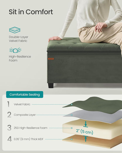 Velvet Storage Ottoman Bench, Foot Rest with Legs, 15.7 X 43 X 15.7 Inches, End of Bed Bench, Storage Chest, Load up to 660 Lb, for Living Room, Bedroom, Entryway, Forest Green ULSF089C01